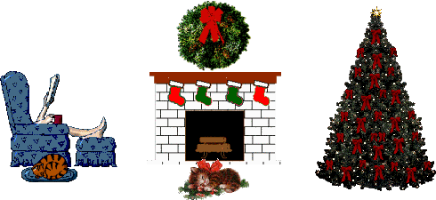 Grote animatie van een schoorsteen - Voor de open haard ligt een katje te slapen, ernaast staat een kerstboom vol met rode strikken en boven de open haard hangt een kerstkrans met rode strik