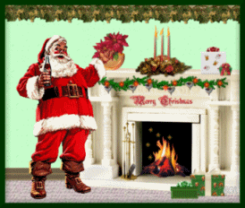 Middelgrote animatie van een schoorsteen - Kerstman naast een brandende open haard waar Merry Christmas op staat