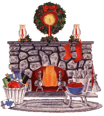 Grote animatie van een schoorsteen - Brandende open haard met daarvoor een mand vol kerstcadeaus en erboven twee brandende rode kaarsen en een kerstkrans met rode strik