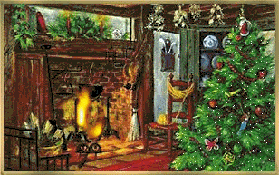 Middelgrote animatie van een schoorsteen - Brandende open haard en een kerstboom met twinkel verlichting