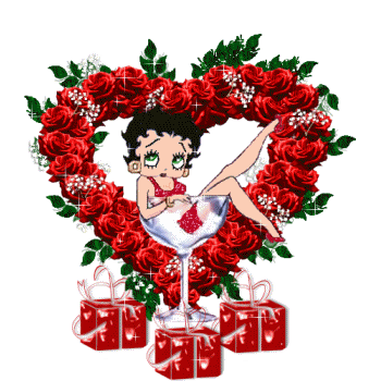 Grote animatie van een kerstmeisje - Meisje in een glas omgeven door een hart van rode rozen en drie rode kerstcadeaus