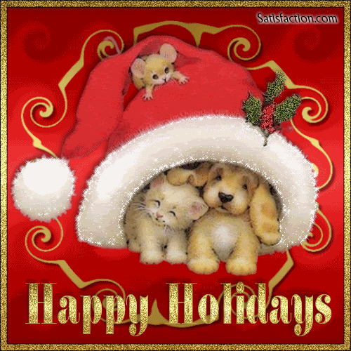 Grote kerstanimatie van een kerstdier - Happy Holidays met een hondje en een katje onder een kerstmuts
