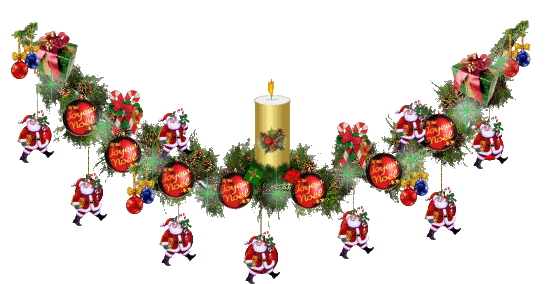 Grote kerstanimatie - Brandende goudkleurig kaars met veel kerstgroen, kerstballen en Kerstmannen