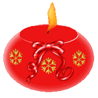 Kleine kerstanimatie van een kerstkaars - Brandende rode kaars met een rode strik en drie gele sneeuwvlokken