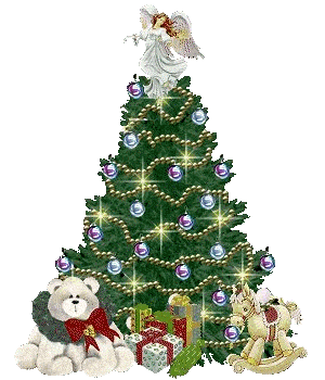 Grote kerstanimatie van een kerstboom - Kerstboom met blauwe kerstballen en een beer, een kerstcadeau en een hobbelpaard ervoor en een engel als piek