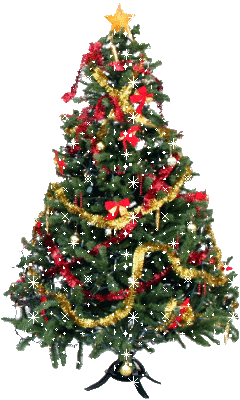 Middelgrote kerstanimatie van een kerstboom - Kerstboom met een gele ster als piek en met rode strikken en goudkleurige slingers met glitter