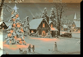 Middelgrote kerst animatie van een kersthuis - Dorp met besneeuwde huizen en kerk met een besneeuwde kerstboom met gekleurde kerstverlichting