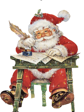 Grote kerstanimatie van een kerstman - De Kerstman zit op een kruk en schrijft een brieven met een ganzenveer met veel sterretjes