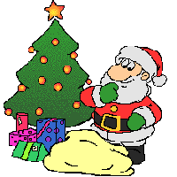 Kleine kerstanimatie van een kerstboom - De Kerstman haalt kerstcadeaus uit de zak en legt ze onder de boom
