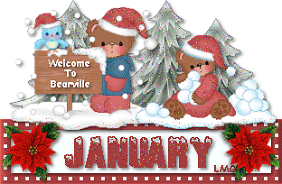 Middelgrote animatie van een kerstdier - January Welcome To Bearville met drie beren en sparrenbomen in de sneeuw