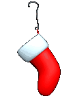 Mini animatie van een kerstsok - Rode kerstsok met witte rand bungelt aan een haak