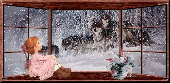Middelgrote kerstanimatie - Meisje zit voor het raam, buiten lopen wolven in de sneeuw