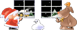 Kleine animatie van een rendier - De Kerstman en een rendier staan voor het raam en buiten sneeuwt het