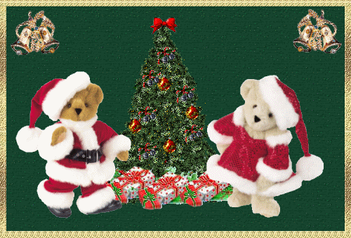 Grote kerstanimatie van een kerstboom - Twee beren in kerstkleding naast een kerstboom waar veel kerstcadeaus onder liggen