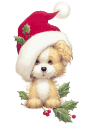 Kleine animatie van een kerstdier - Hondje met een kerstmuts en hulstbladeren met rode bessen