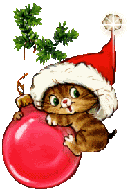 Middelgrote animatie van een kerstdier - Katje met een kerstmuts zit bovenop een kerstbal