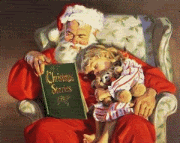 Kleine kerstanimatie van een kerstman - De Kerstman leest een verhaaltje voor, maar het meisje op zijn schoot is in slaap gevallen