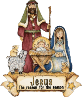 Middelgrote animatie van een kerststal - Jesus The reason for the season met Jezus in de kribbe omringd door Jozef en Maria en de dieren in de stal