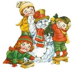 Middelgrote animatie van een sneeuwpop - Kinderen hangen kerstverliching rondom een sneeuwpop