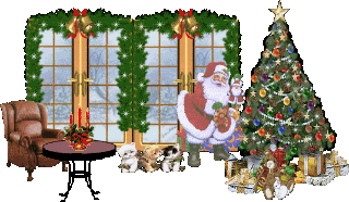 Middelgrote kerstanimatie van een kerstboom - Kerstman staat voor het venster met drie katjes bij een rijk versierde kerstboom met witte sterretjes en veel kerstcadeaus