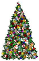 Kleine kerstanimatie van een kerstboom - Rijk versierde kerstboom met gele sterretjes