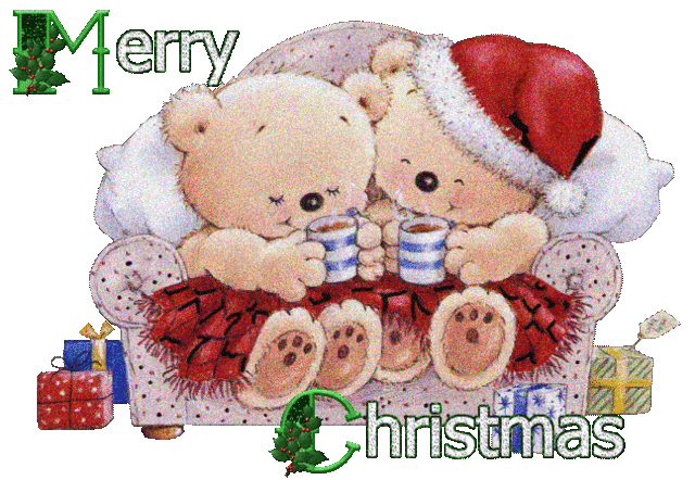 Grote kerstanimatie van een kerstcadeau - Merry Christmas met twee beren die op de bank koffie zitten te drinken met naast de bank de kerstcadeaus, een van de beren draagt een kerstmuts