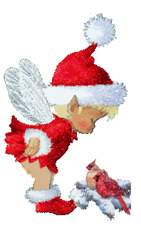 Middelgrote animatie van een kerstengel - Engeltje in kerstkleertjes kijkt naar twee vogeltjes in de sneeuw met glitter