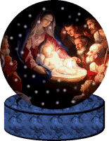 Kleine animatie van een sneeuwglobe - Maria met het kindje Jezus en de schaapherders