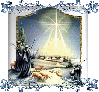 Grote animatie van een kerststal - De drie herders en hun schapen zien de ster van Bethlehem schijnen boven de stal