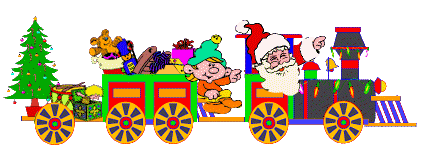 Middelgrote kerstanimatie van een kerstman - De Kerstman met een elfje en een vracht kerstcadeaus in een locomotief