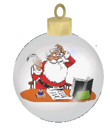 Middelgrote kerstmis animatie van een kerstbal - Witte kerstbal met daarop een Kerstman die hard moet nadenken bij het schrijven van een brief met een ganzenveer