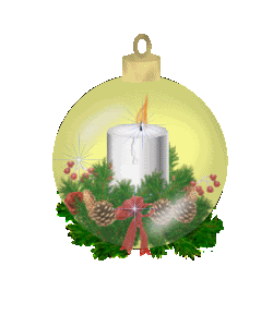Middelgrote kerstmis animatie van een kerstbal - Gele kerstbal met daarop een brandende witte kaars met kerstgroen en witte sterren