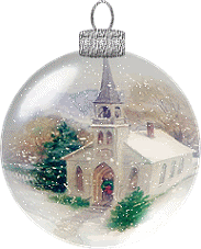 Kleine animatie van een kerk - Kerstbal met daarop een kerkje in de sneeuw