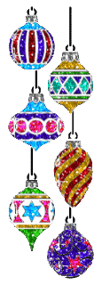 Kleine kerstanimatie van een kerstbal - Zes gekleurde kerstballen die onder elkaar hangen en sterretjes