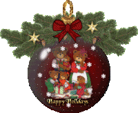 Kleine kerstanimatie van een kerstbal - Rode kerstbal met daarop vijf beren en de wens Happy Holidays en boven de kerstbal een rode strik en kerstgroen