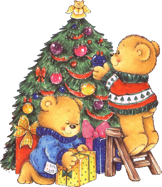 Grote kerstanimatie van een kerstboom - Twee beren die de kerstboom versieren en onder de boom drie kerstcadeaus