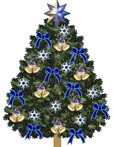 Grote kerstanimatie van een kerstboom - Kerstboom met blauwe strikken, cremekleurige kerstklokken en witte sneeuwkristallen