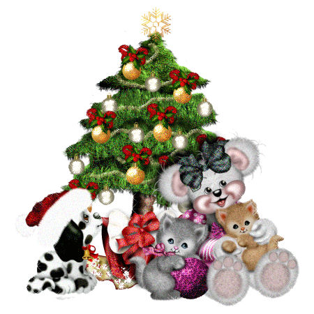 Grote kerstanimatie van een kerstboom - Beertje met hondje en katjes voor een kerstboom