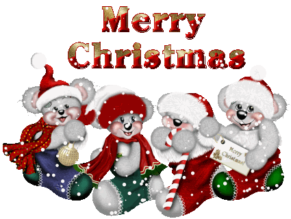 Grote animatie van een kerstsok - Merry Christmas met vier beren in kerstsokken