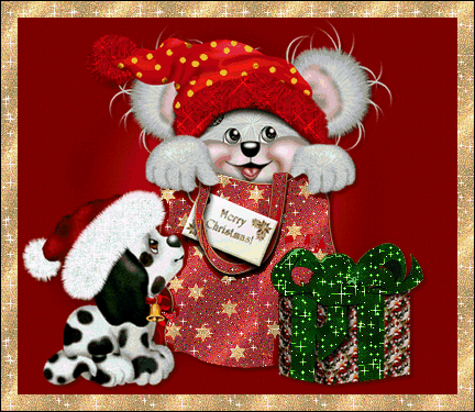 Grote kerstanimatie van een kerstcadeau - Merry Christmas met een beer in een tas, een kerstcadeau met groene strik in glitter en een hond met een kerstmuts