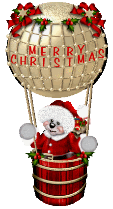 Middelgrote animatie van een kerstwens - Merry Christmas met een beer met kerstkleren aan in een heteluchtballon