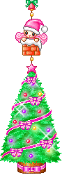 Kleine kerstanimatie van een kerstboom - Kerstboom met paarse strikken en paarse slingers met daarboven een kind dat in de schoorsteen kruipt