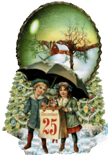 Middelgrote animatie van een sneeuwglobe - Globe met een schuur in de sneeuw en op de voorgrond twee kinderen onder een paraplu die een kalender op 25 december vasthouden tussen twee kerstbomen