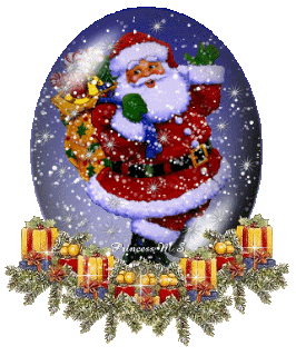 Middelgrote animatie van een sneeuwglobe - Sneeuwglobe met daarin een kerstman met een zak vol kerstcadeaus op zijn rug en op de voorgrond een verzameling kerstcadeaus