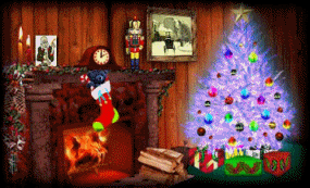 Kleine animatie van een schoorsteen - Grote kerstsok hangt boven een brandende open haard en voor de haard staat een verlichte kerstboom met daaronder kerstcadeaus