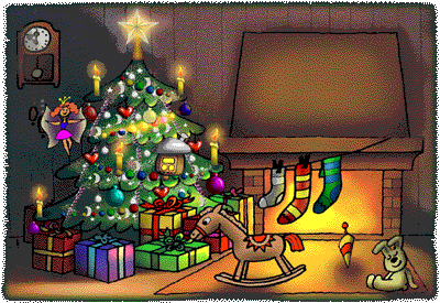Grote animatie van een schoorsteen - Rijk versierde en  verlichte kerstboom met daaronder kerstcadeaus en een hobbelpaard, een bromtol en een beer met drie kerstsokken die voor de open haard hangen