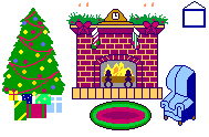 Kleine animatie van een schoorsteen - Kerstboom met kerstcadeaus naast een open haard waar een pendule op de schoorsteen staat