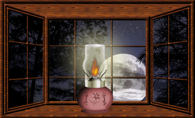 Middelgrote kerstmis animatie van een kerstkaars - Brandende olielamp voor het raam bij volle maan