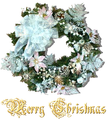 Grote kerstanimatie van een kerstkrans - Merry Christmas met een grote kerstkrans met bloemen en varens en witte sterren
