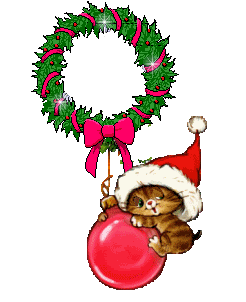 Middelgrote kerstanimatie van een kerstkrans - Kerstkrans met een grote rode kerstbal waar een katje met een kerstmuts op zit te schommelen